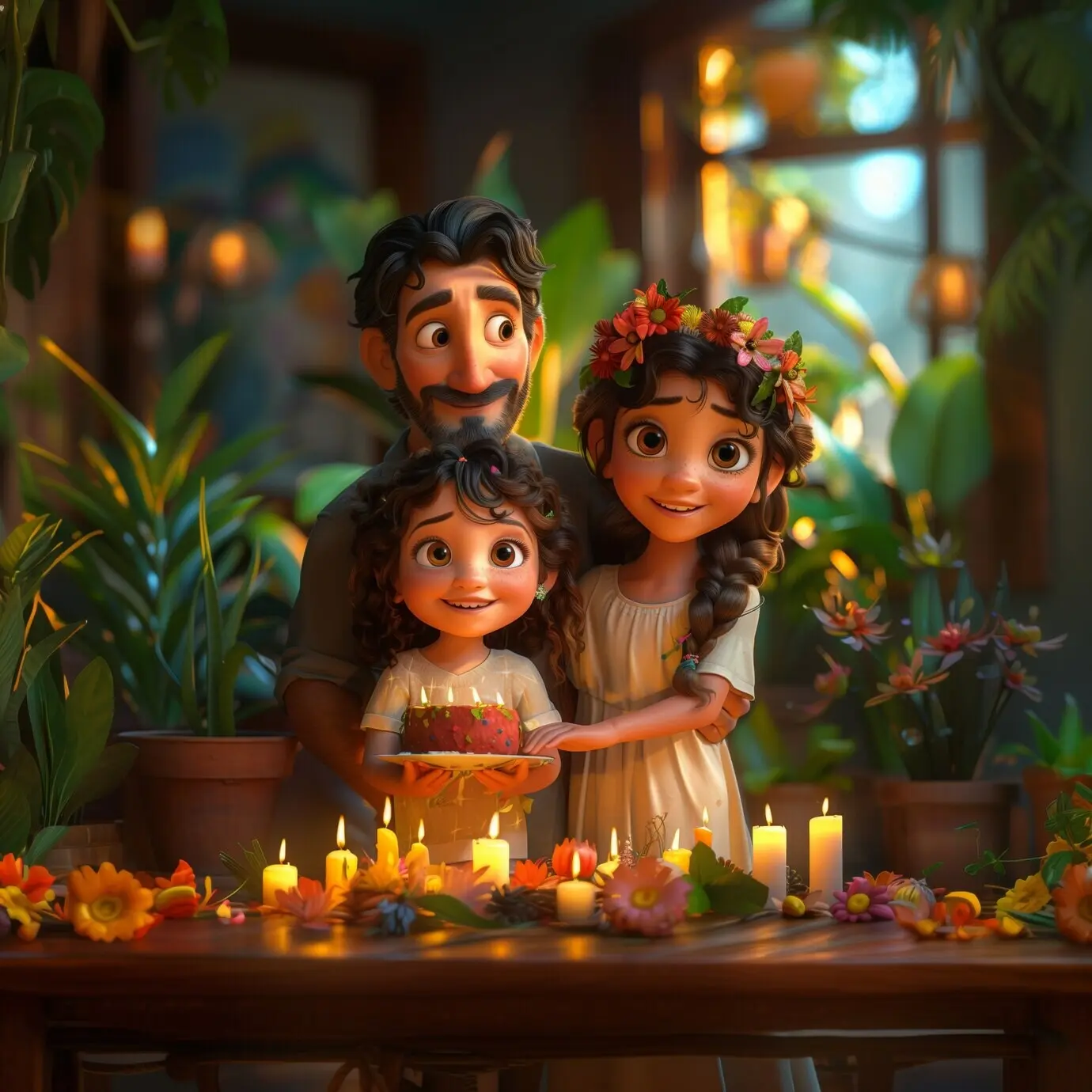 3D cartoon illustration of a birthday celebration