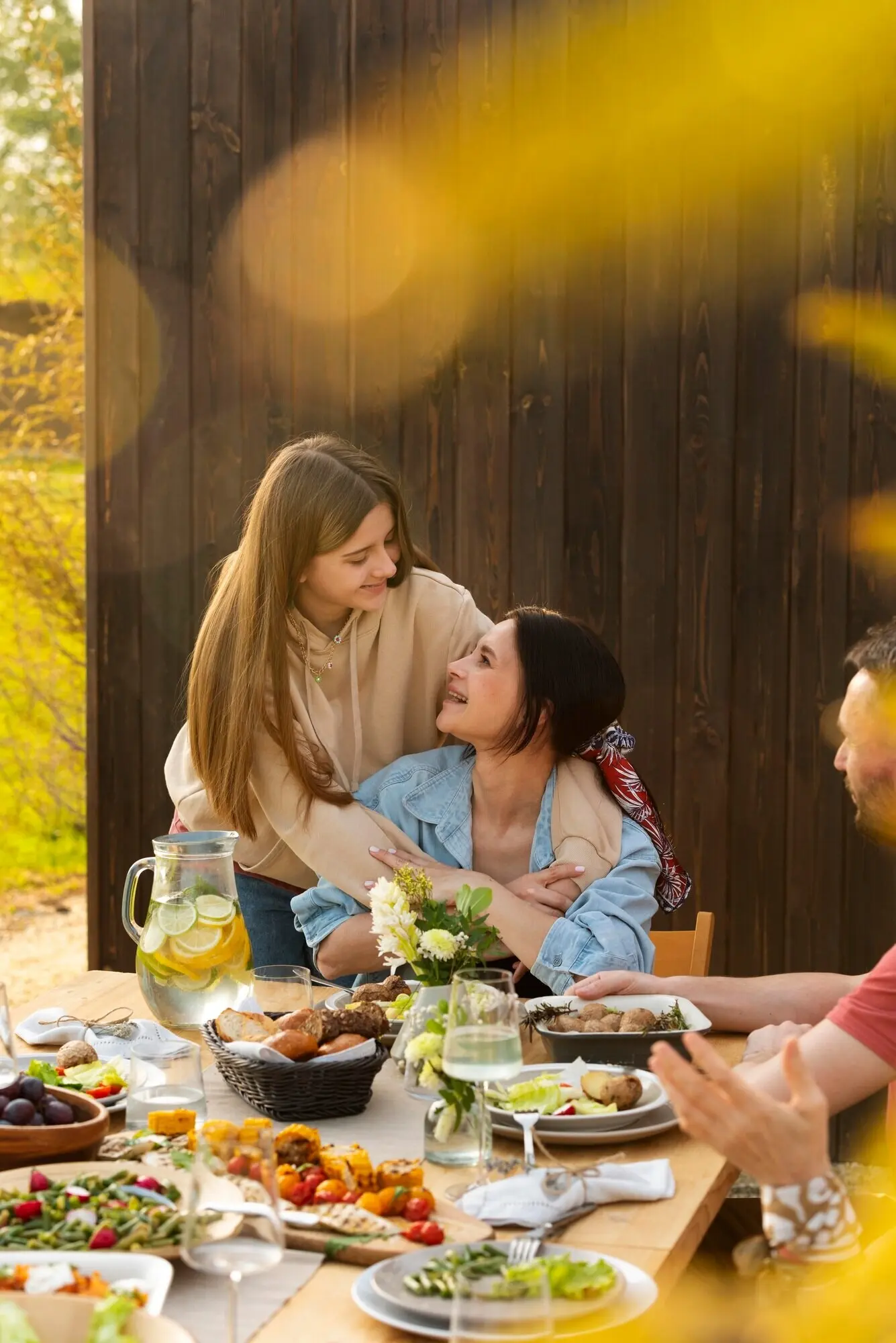 A close-up of happy women talking.